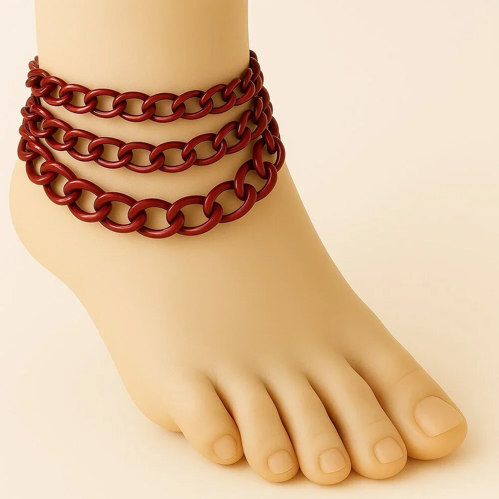Red Adjustable 3-Piece Anklet Set + 3 Silver Toe Rings – Trendy Summer Jewelry
